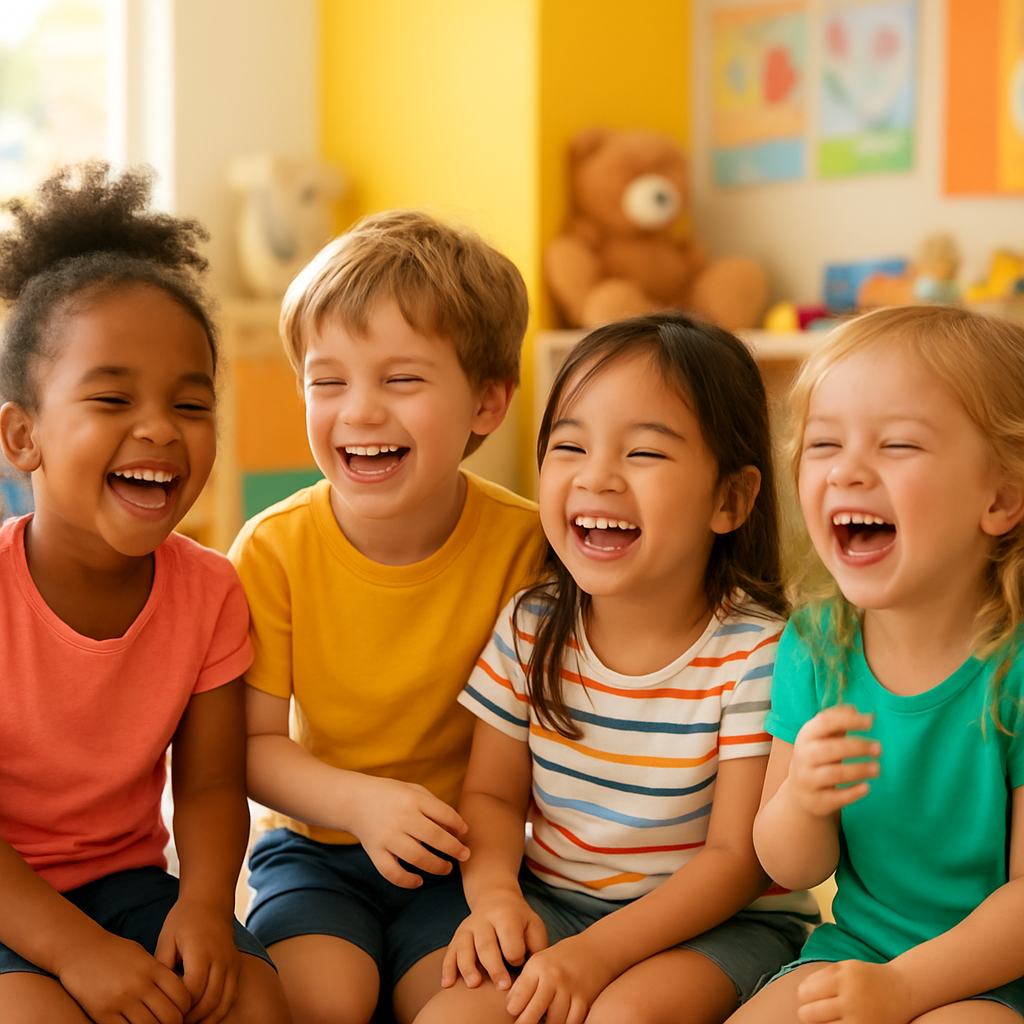A group of joyful, laughing children having fun together at Sunny Day School