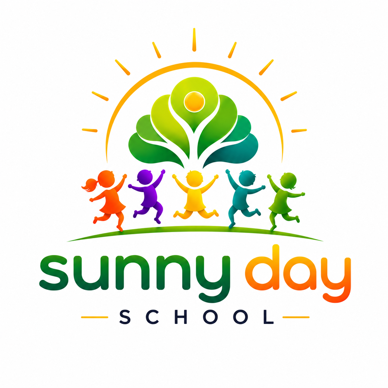 Sunny Day School logo with sun, children, and school name
